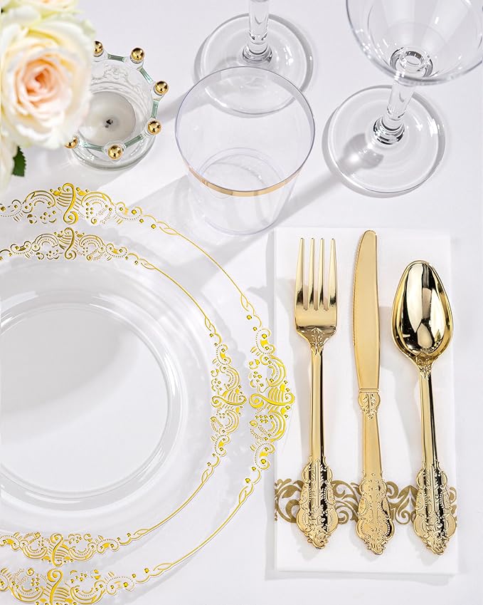Nervure 350PCS Clear Gold Plastic Plates - Gold Plastic Dinnerware Sets for 50 Guests - 100 Disposable Plates, 150 Silverware, 50 Cups, 50 Napkins for Wedding & Party & Thanksgiving