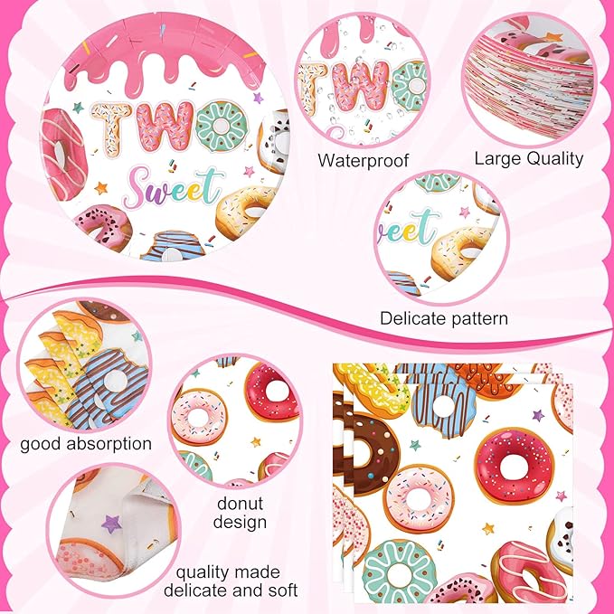 452 Pcs Donut Two Sweet Birthday Decorations Girls for 50 Guests, Pink Donut Themed Paper Plates Cups Napkins Tablecloth Cutlery Straws for Baby Girl 2nd Birthday Party Supplies