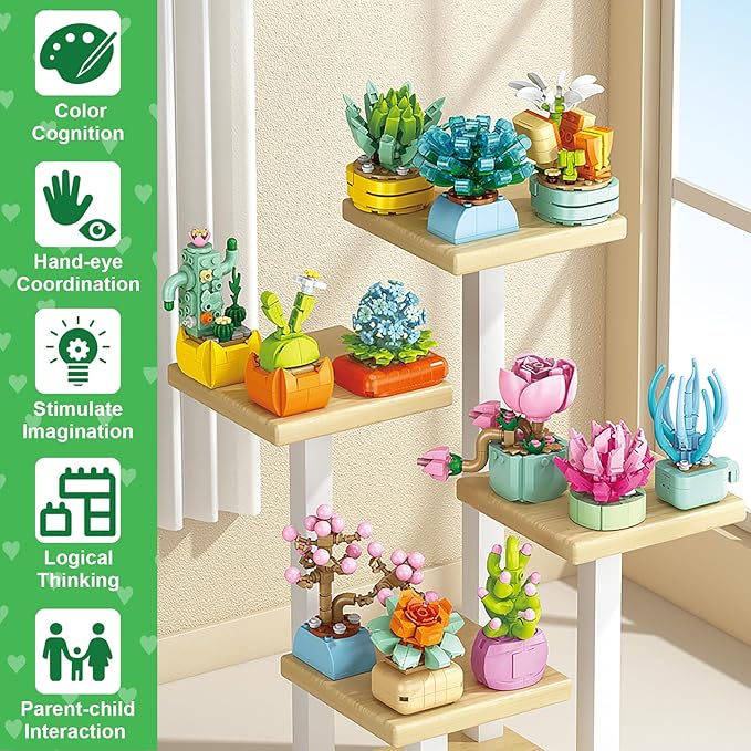 Valentines Day Gifts for Kids - 24 Packs Succulents Building Blocks with Valentines Day Cards for Kids School Boys Girls, Artificial Botanical Toy Exchange Gifts Classroom Prizes Party Favor