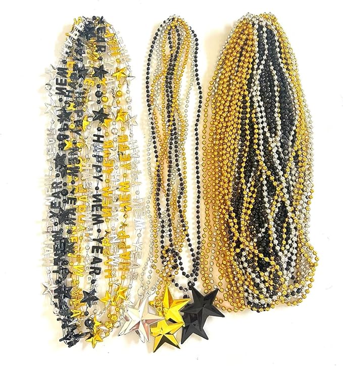 50 Pcs with 4 Styles Happy New Year Bead Necklaces Black Gold Silver New Year's Eve Jumbo Beads Necklaces New Year Party Decoration