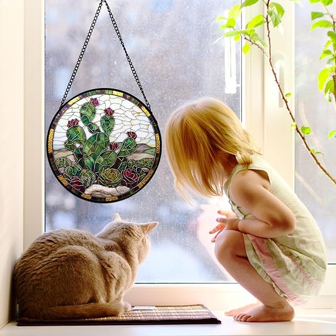 Stained Glass Window Hanging,Green Cactus Purple Flowers Suncatcher Diamond Glass Panel Sun Catchers Decor for Birthday for Women, Men, Wife, Aunt, and Mom 11.8x11.8 in