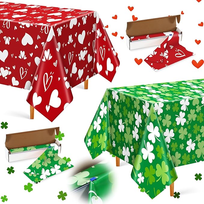 Oudain 54 Inch X 300 Feet Valentine St Patrick Plastic Tablecloth Roll Set, Valentine Day Table Cover Roll Holiday Disposable Tablecloth Rolls Waterproof Table Cover Rolls with Cutter Box for Party