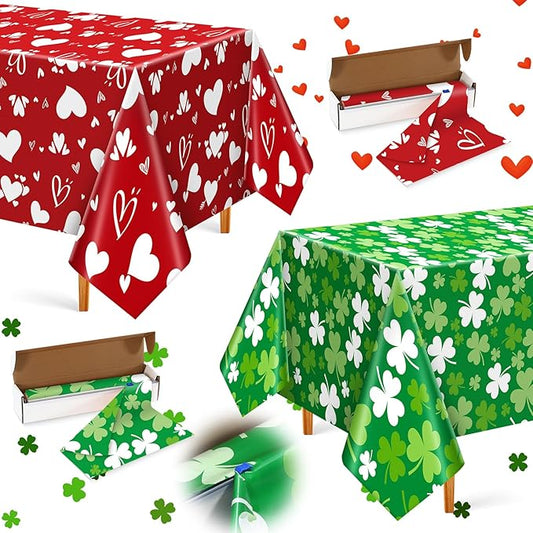 Oudain 54 Inch X 300 Feet Valentine St Patrick Plastic Tablecloth Roll Set, Valentine Day Table Cover Roll Holiday Disposable Tablecloth Rolls Waterproof Table Cover Rolls with Cutter Box for Party