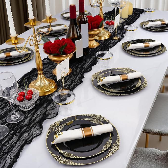 350 PCS Black and Gold Plastic Plates, Plastic Dinnerware Set for 50 Guests, 100 Disposable Plates, 150 Silverwares, 50 Cups, 50 Napkins for Party, Wedding, Graduation