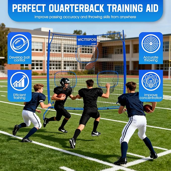 Football Throwing Net, Upgrade Heavy Duty Metal Frame Quarterback Training Equipment Throwing Machine with 1-4 Targets, Easy Setup Football Target Practice with CarryBag, Allweather Indoor Outdoor Use