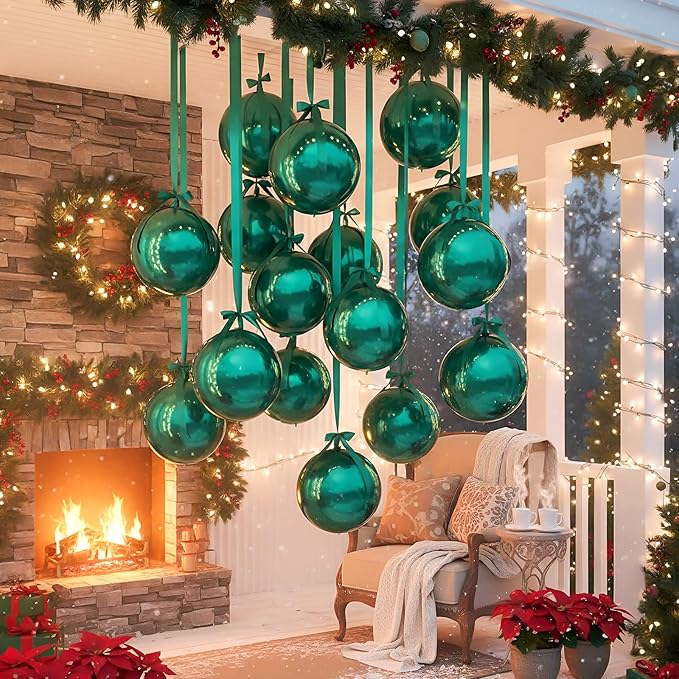 Jenaai 30 Set Round Foil Balloons Bulk 22 Inch 4d Metallic Giant Balloons Set with Satin Bows Ribbon for Ceiling Holiday Ornaments New Year Birthday Wedding Party Decoration(Green)