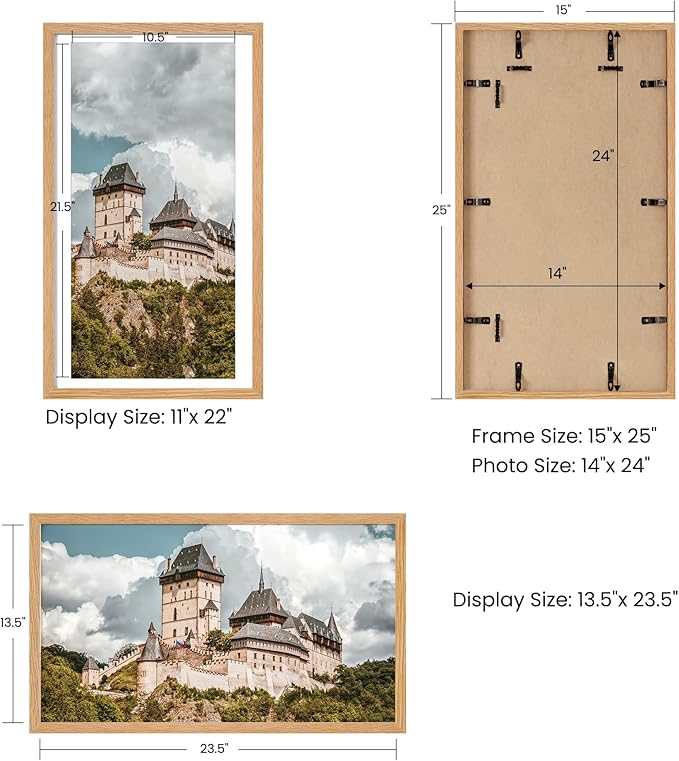 Axeman 14x24 Picture frame with mat for 11x22, Tempered Glass and Hanging Hardware Included Natural Oak Home Decor Art Hanging Poster Frame, Natural Oak