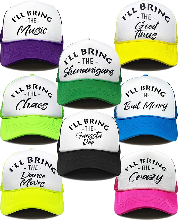 Funky Junque Women's Funny Trucker Hats: Adult Humor for Bachelorette & Girls Trips, Groups 3-25, Mesh Hat - I'll Bring The's