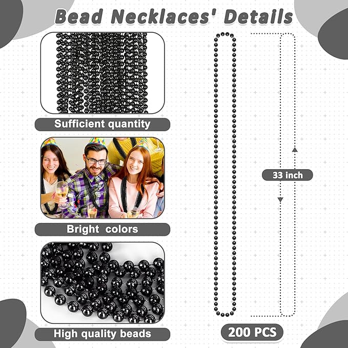200PCS Beaded Necklace, 33" Mardi Gras Beads, Black Bead Necklace, Mardi Gras Accessories Throw Beads Bulk Party Favors Supplies Decorations for Parade Event Festival Christmas Pirate