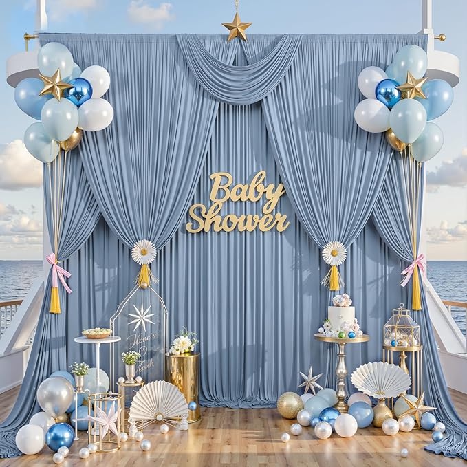 40ft×10ft Wrinkle Free Dusty Blue Backdrop Curtain for Parties, 8 Panels 5×10 ft Soft Silky Polyester Photo Backdrop Drapes for Wedding Birthday Baby Shower Photography Home Decor