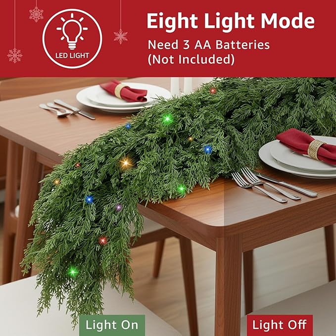 Cedar Christmas Garland for Mantle - 2 Pack Decorations with Lights 9 ft Realistic Lighted Faux Pine Garlands for Xmas Indoor Outdoor Prelit Decoration 9ft Garland for Door Stairs Railing Fireplace