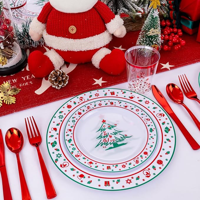 LIYH 150 Pcs Plastic Christmas Plates Disposable Christmas Dinnerware Set, Red Plastic Silverware,Cups Perfect 25 Guests