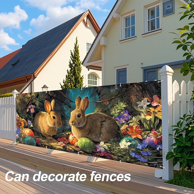 Easter Bunnies and Eggs Garage Door Banner 7x16FT, Cute Bunnies and Colorful Eggs Outdoor Spring Holiday Decoration for Yard and Garage