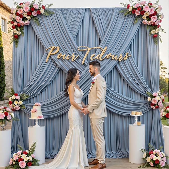 gogoparti 50x12ft Dusty Blue Backdrop Curtain for Wedding Parties, 10 Panels (5x12 ft Each) Wrinkle-Free Dackdrop Curtains, Silky Draping Fabric for Birthday Party, Baby Shower, Photo Background
