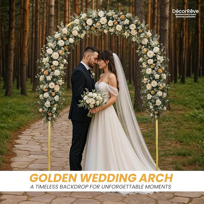 Arch Backdrop Stand – 7.2ft Metal Arch for Backdrop Set with Water Bag Base, Balloon Adhesive, Ribbon, Storage Bag – Strong Stable Gold Arched Frame for Wedding, Baby Shower, Birthday
