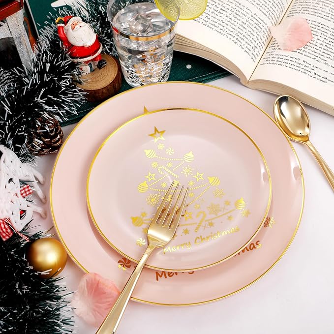 LIYH 150 Pcs Christmas Dinnerware Set Disposable - Pink and Gold Plastic Christmas Plates - Gold Tree Design, Plastic Silverware,Cups for 25 Guests for Xmas Day