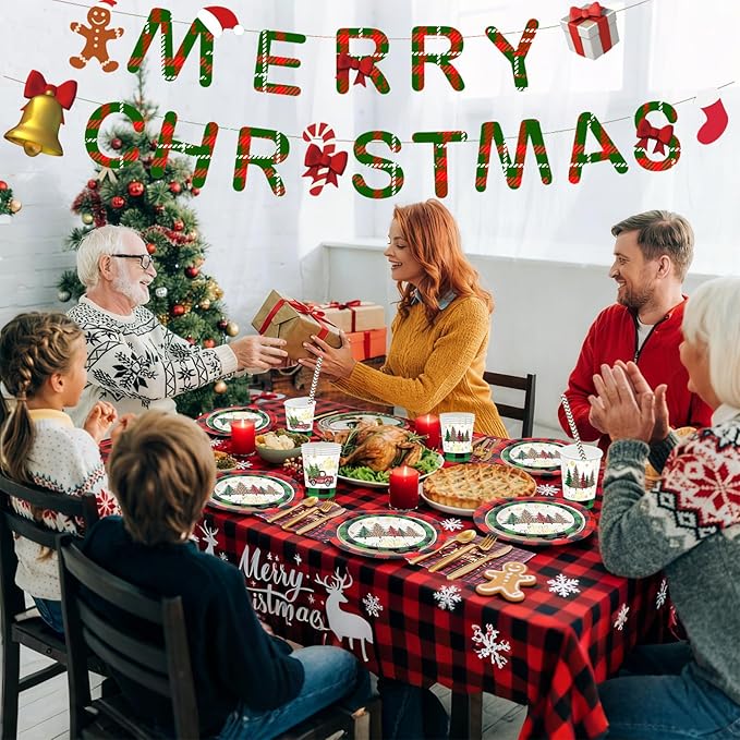 194 Pcs Christmas Paper Plates & Napkins Sets,Christmas Dinnerware/Tableware Disposable Sets Including Cups Straws Plastic Cutlery Banner Tablecloth for Xmas Party Supplies,Serves 24 Guests