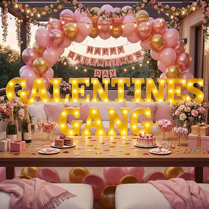 Honoson 14 Pcs Galentines Day Party Decorations Galentines Gang Lights up Sign Girls Ladies Galentine's Day Party Decorations Fireplace Table Decor
