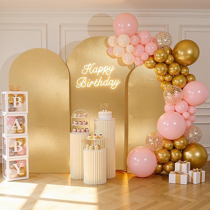 Gold Shimmer Arch Backdrop Cover Set of 3 (7.2,6.6,6ft),Glitter Spandex Fitted Chiara Cover with Zipper,Thick Sequin Soft Stretchy for Wedding Birthday Baby Shower Graduation Party Photo Backdrop