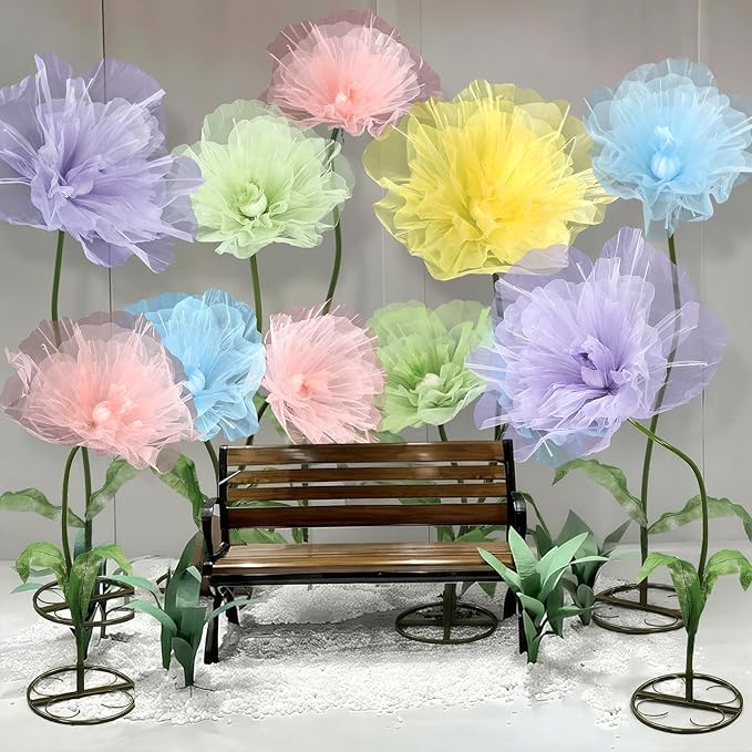 Leinuosen 5 Pcs Giant Flowers Decoration Large Organza Flowers with Stand Huge Poppy for Spring Tea Bridal Shower Wedding Birthday Party Entrance Decor Corporate Event Photography Booth Indoor Outdoor