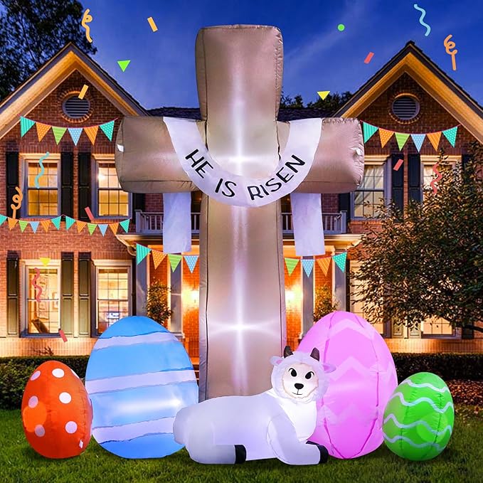 New 6FT Easter Inflatable Outdoor Decorations He is Risen Cross, Build-in LED Lights Holiday Blow Up Yard Decoration, for Easter Holiday Party, Outdoor,Garden, Yard Lawn Décor