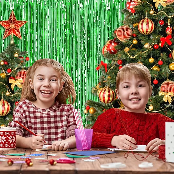 Green Foil Fringe Curtains 50 Pack 3.2ft x 8.2ft Fringe Backdrop Curtains Metallic Tinsel Streamer Photo Backdrop for Birthday Party Decorations Halloween Christmas Party Supply (Green)