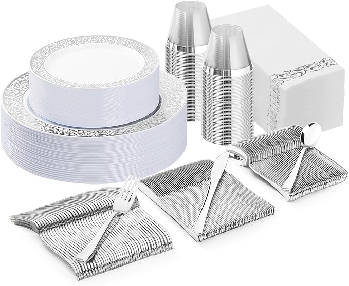 Bestluck 175PCS Silver Plastic Dinnerware Set for 25 Guests, Disposable Plates for Party, Wedding, Include 25 Dinner Plates, 25 Dessert Plates, 25 Set Silver Silverware, 25 Cups, 25 Napkins