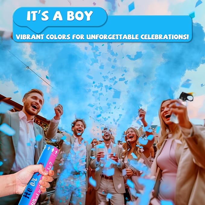 2 Pack Blue Gender Reveal Fire Extinguishers with 4 Pack Blue Confetti Cannons for Baby Boy Gender Reveal Party