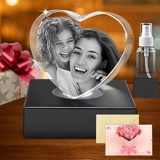 3D Crystal Photo Personalized Couple Gift ,Custom Laser Engraved Glass with Your Photo,Valentine’s Day Gifts for Women,Wife,Girlfriend, Romantic Heart-Shaped Keepsake