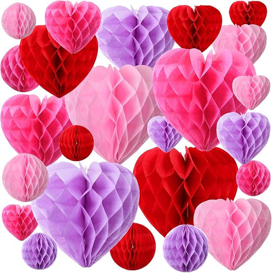 48 Pcs Valentine's Day Paper Heart Shaped Honeycomb Party Decorations Red Pink Purple Round Heart Tissue Paper Pom Poms for Birthday Wedding Decorations, 5 Size