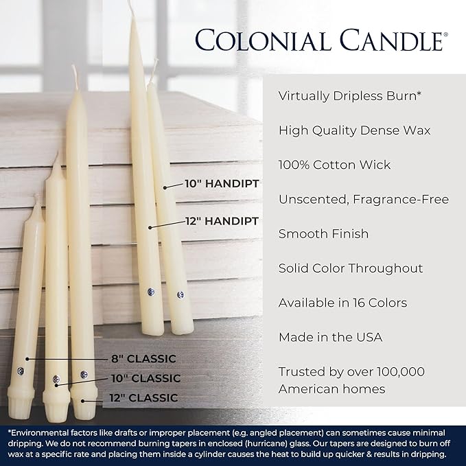 Colonial Candle Unscented Taper Candle, Classic Collection, Amber, 12 in, Pack of 12 - Up to 10 Hours Burn