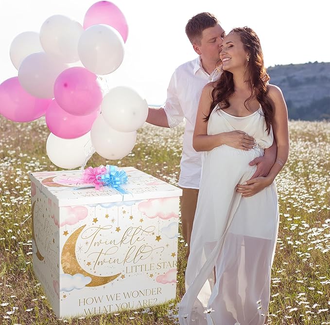 AmazingSpark 28in Jumbo Gender Reveal Gift Box Kit with Oversized Box Giant Pull Bows for Gender Reveal Baby Shower Birthday Party Decor (Twinkle Little Star)