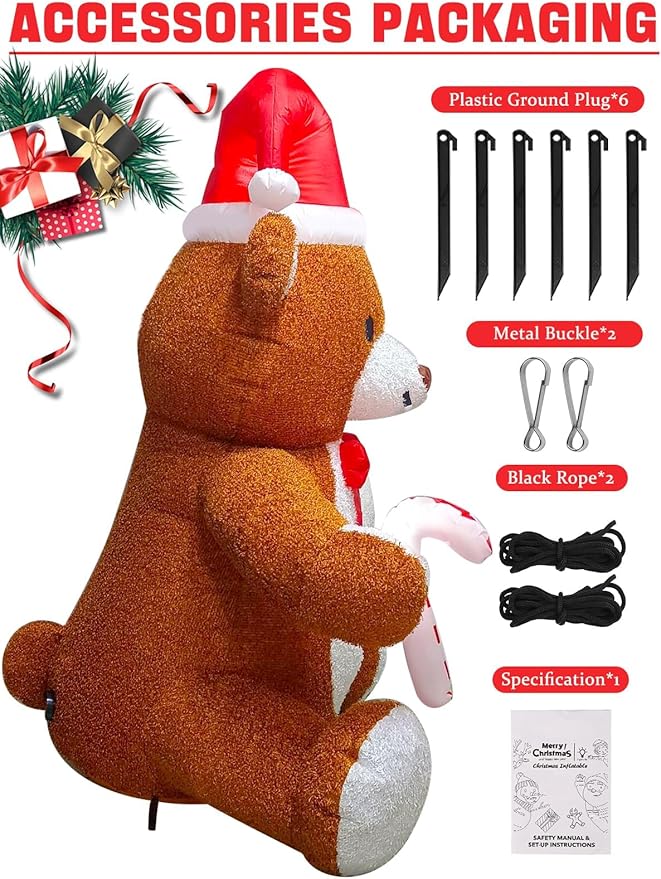 Kalolary Fluffy Bear Inflatable with LED Light, Christmas Blow Up Indoor Decoration, Xmas Teddy Yard Inflatable for Holiday Family Party Lawn Decor