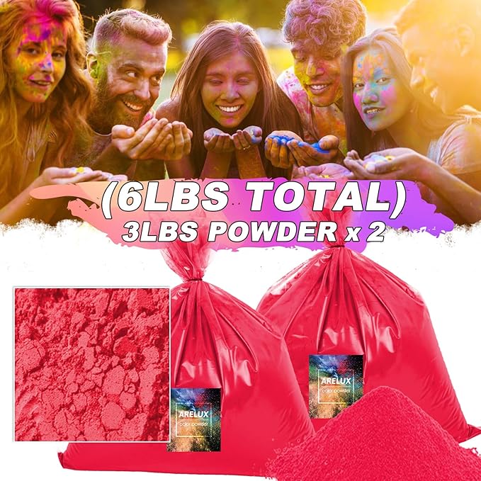 ARELUX Bright Red Color Powder - 6lbs Bulk (2x3lb) for Color Wars, Powder War & Fun Events | Durable Individual Packets, Vibrant Holi Powder for Gender Reveal, Run, Rangoli, Parties | Non-Toxic