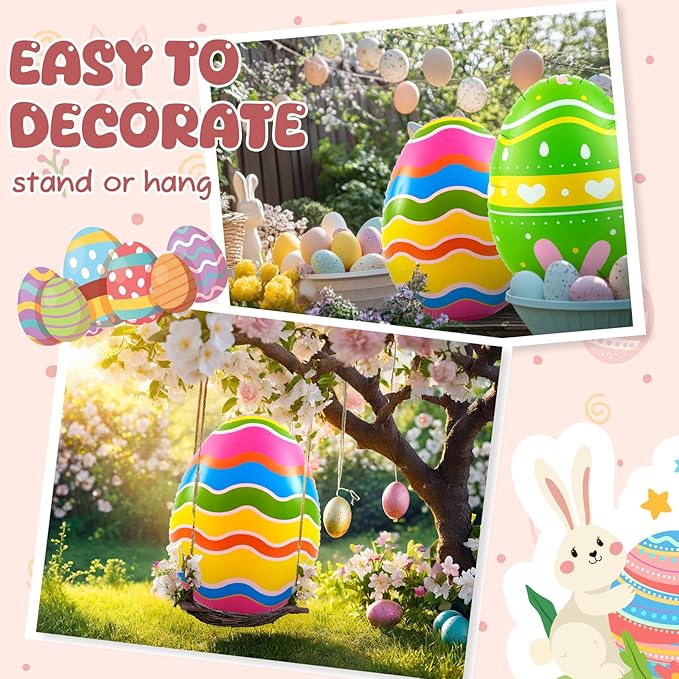 Liliful 2 Pcs 40inch Giant Easter Inflatables PVC Decorations Standing Blow up Colorful Easter Egg Rabbit Bunny Outdoor Decor for Holiday Party Yard Indoor Outdoor Garden Lawn (Wave Heart)