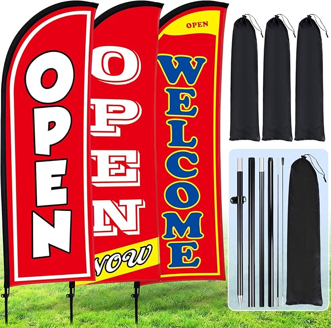 Buryeah 3 Sets Now Open Feather Flag Banner for Business Advertising 7 Feet Tall Grand Opening Feather Flag Sign with Fiberglass Pole Kit Rotating Ground Spike and Portable Bag(Red)