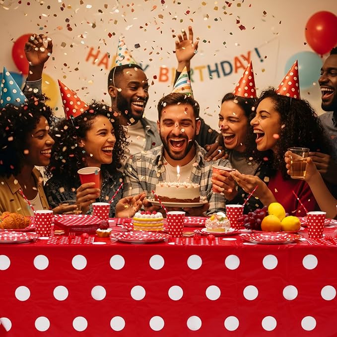 452 Pcs Red Polka Dot Party Supplies for 50, Red and White Polka Dot Paper Plates Napkins Cups Tablecloth Cutlery Straws for Mouse Birthday Carnival Family Picnic Barbecue Party Decoration