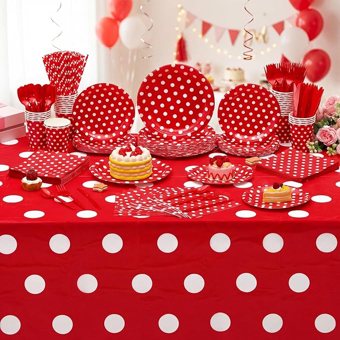 452 Pcs Red Polka Dot Party Supplies for 50, Red and White Polka Dot Paper Plates Napkins Cups Tablecloth Cutlery Straws for Mouse Birthday Carnival Family Picnic Barbecue Party Decoration