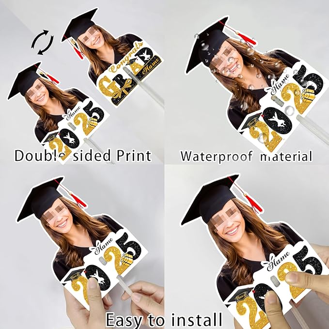 Personalized Graduation Face Fan 2026 Grade Custom Double Sided Face Cutout Fan with Handle Photo Booth Prop Party Supplies(B-Sky Blue and Gold,12pcs)