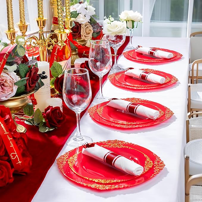 400PCS Pre Rolled Red Plastic Silverware Sets - Heavy Duty Red Cutlery - Include 100 Pack Wrapped Disposable Utensils with Napkins for Valentine's Day Parties & Dinners & Weddings