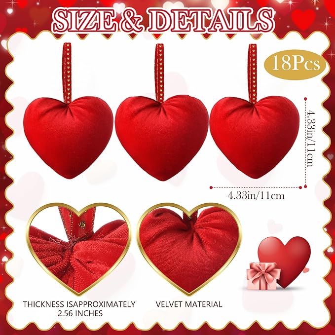 18 Pcs Valentine's Day Hanging Heart Ornaments Handmade Heart Shaped Velvet Gifts 4.3 Inches Hanging Valentine Tree Ornaments for Wedding Anniversary Party Decorations(Red)