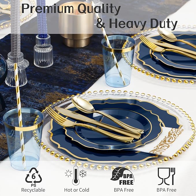 200 PCS Premium Blue Plastic Plates for 25 Guests, Heavy Duty Blue and Gold Disposable Plate, include 25 Plastic Dinner/Dessert Plates, 75 Silverware Set, 25 Cups, Straws for Party Christmas