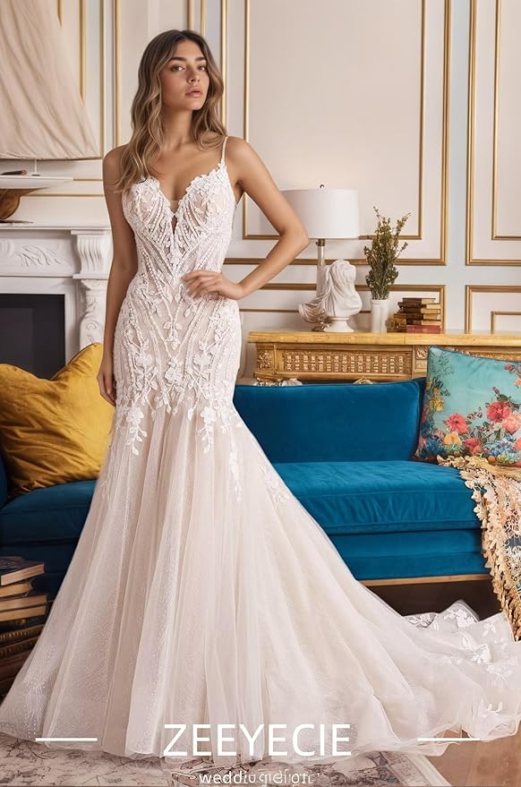 Zeeyecie Mermaid Tulle Wedding Dresses Lace Applique Corset V-Neck Sparkly Bridal Gowns with Train for Brides