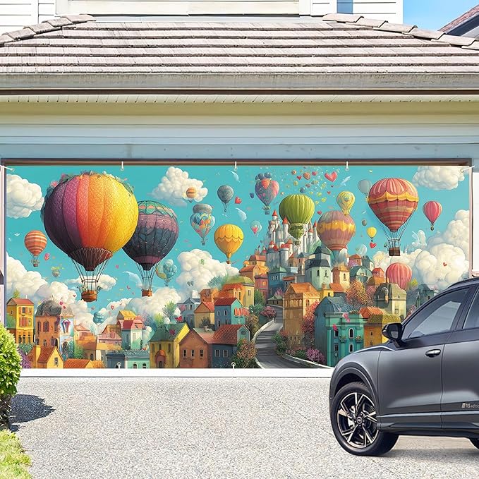 Hot Air Balloon Fantasy Garage Door Banner 7x16FT, Colorful Balloon & Sky City Garage Door Cover, Vibrant Outdoor Decoration for Spring & Summer