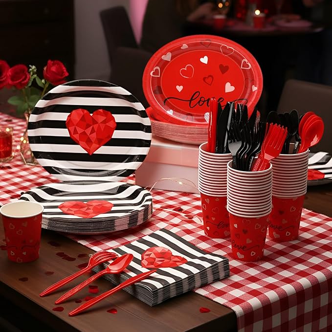 350 Pieces Valentine's Day Dinnerware - Valentines Plates and Napkins Paper Cups Plastic Forks Spoons Knives, Red and Black Love Heart Tableware Set for 50 Guests Valentine Party Supplies