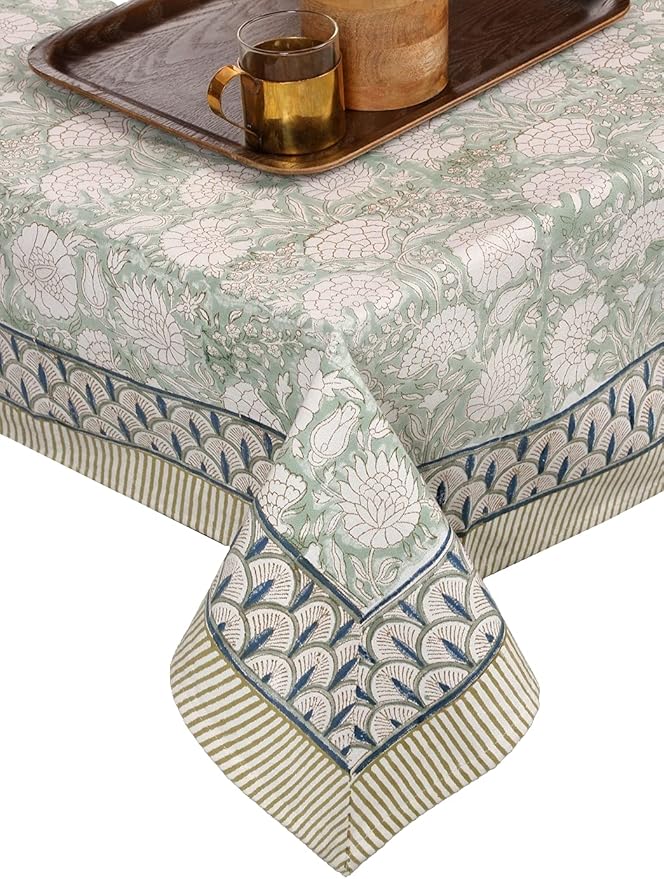 ATOSII Jade 100% Cotton Rectangle Summer Tablecloth, Block Print Floral Table Cloth Linen for Dining, Parties, Weddings, Outdoors I Grand Millennial Decor 60 X 108 Inches I 8 Seater I Memorial Day