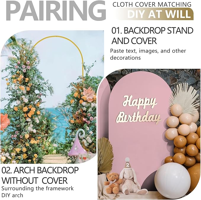 Arch Backdrop Stand and Cover Set, 3 Metal Balloon Arch Backdrop 7.2ft 6.6ft 6ft, Gold Arched Stand Frame for Wedding, Parties,Birthday, Backdrop Decorations (Pale Pink,7.2ft+6.6ft+6ft)