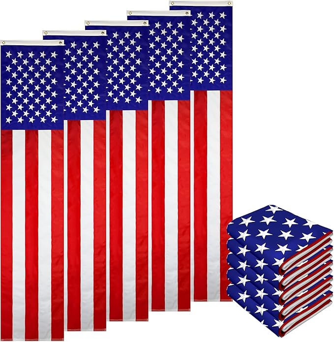 G128 – 5 Pack: American Flag Patriotic Bunting & Flag Pulldown, 50 Embroidered Stars with 5 Fully Sewn Stripes, decorative bunting, 20" x8', Red/White/Blue, Vertical Flag Wall Déc