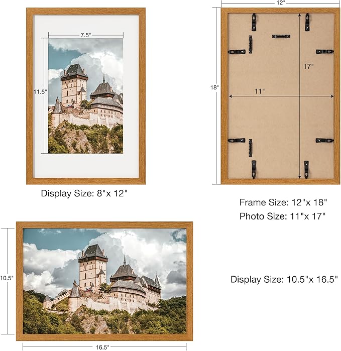 Axeman 11x17 Picture Frame with Mat for 8x12 - Solid Teak Wood Poster Frame with Tempered Glass, Wooden 11''x17'' Photo Frame for Home Decor Art Photo and Prints with Hooks, Natural Teak