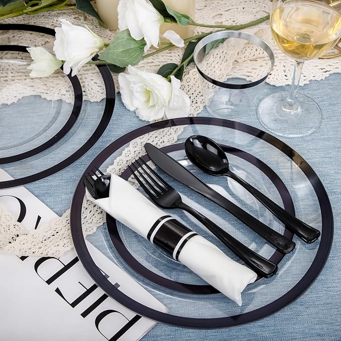 I00000 350 Pcs Clear and Black Plastic Plates,Black Dinnerware Set, Include 50 Dinner and 50 Dessert Plates,50 Plastic Cups,50 Pre Rolled Napkins with Cutlery for Party